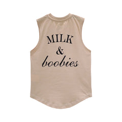 MILK AND BOOBIES MUSCLE TEE SMALL PRINT BEIGE